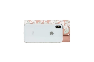 Detailed view of pink floral long wallet size comparison with a mobile phone