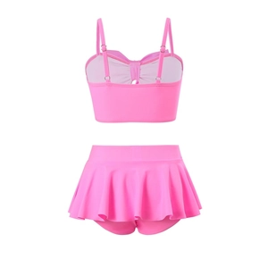 Bright pink two-piece girls' swimsuit featuring ruffle skirt bikini and thin straps