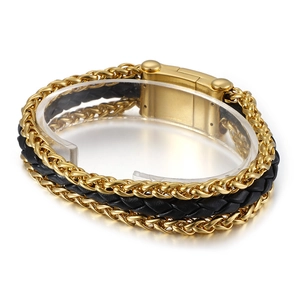 Three-layer men's braided leather bracelet with gold titanium steel curb chain and magnetic clasp