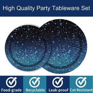 Detail of high quality food-grade starry night paper plates for space themed parties