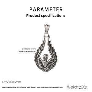 Detail view of retro stainless steel angel wing pendant with 58X36mm size specifications