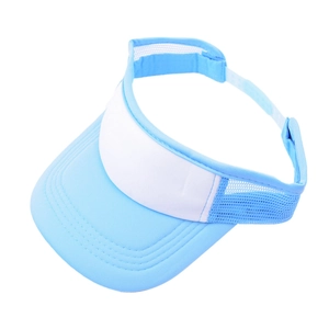 Detail of light blue sun visor hat with white front panel and breathable mesh design