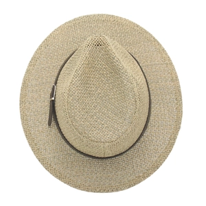 Classic straw jazz hat with breathable weave and dark coffee leather belt on white background