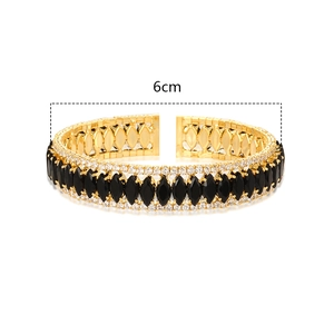 Luxury gold bangle with black marquise stones and micro-pave crystals, 6cm inner diameter