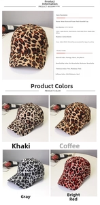Detailed grid of leopard print baseball caps in khaki, brown, gray and red colors