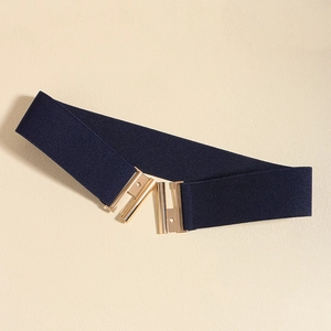 Fashionable dark blue elastic wide belt for women with elegant gold metal buckle
