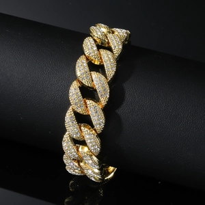 Bracelet chaîne cubaine 16mm dorée avec cristaux pavés pour un style hip-hop urbain