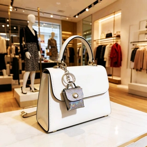 Detailed shot of white leather tote with silver sequin mini bag charm in boutique setting