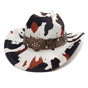 Western Cowboyhut aus Filz mit Kuhmuster und Vintage-Herz-Strassschnalle am Hutband