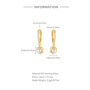 Detailed size specifications for S925 silver pearl and zircon dangle hoop earrings