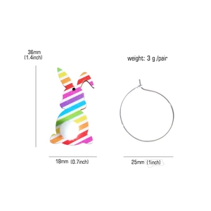 Easter rabbit earrings with rainbow stripes and silver hoop including size dimensions