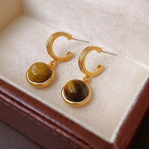 Vintage round brown tiger eye stone earrings with golden hoop and silver needle
