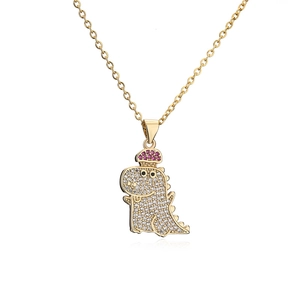 Hip hop dinosaur pendant necklace with gold plating and clear cubic zirconia stones