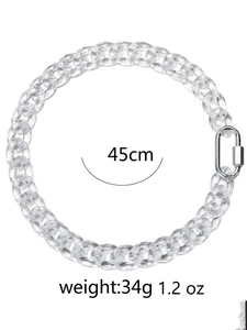 Transparent acrylic hip hop chain necklace with silver carabiner clasp, 45cm length