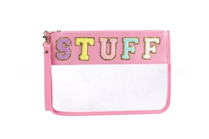 Detail of pink PU leather trim and colorful gold powder STUFF embroidery on clear PVC pouch