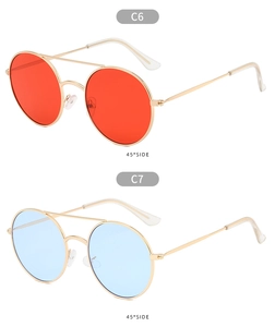 Detailed comparison of vintage round metal sunglasses in red and blue ocean lens options