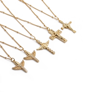 Religious Cross Pendant Necklace Gold Plated Copper Box Chain With Zircon Angel Wings Virgin Mary Jewelry For Women