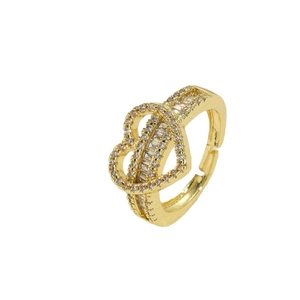Bague double cœur luxueuse plaquée or 14 carats avec zircons étincelants pour femmes