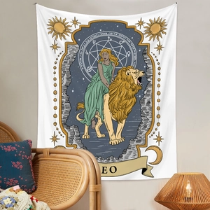 Bohemian Leo zodiac tapestry featuring a woman riding a lion against a starry sky backdrop