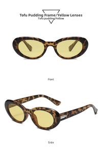 Detailed front and side view of tortoiseshell cat eye sunglasses with yellow lenses
