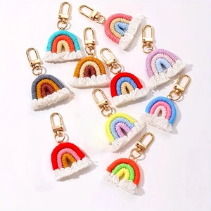 Handmade Woven Rainbow Keychain Cotton Rope Tassel Boho Style Colorful Bag Charm Zinc Alloy Pendant For Women