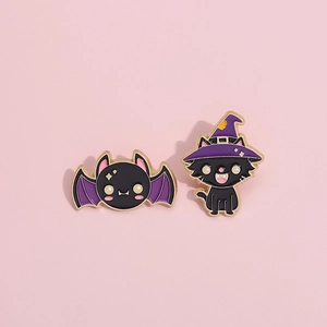 Cute punk bat and magic cat enamel pin set made of zinc alloy for clothes and hats
