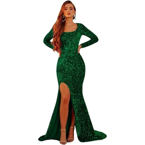 Elegant dark green velvet sequin evening gown with high slit and mermaid silhouette