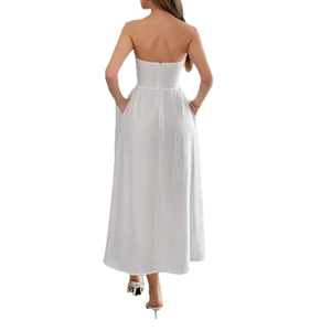 Elegant strapless white A-line maxi dress with back zipper and side pockets for women