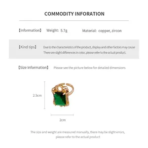 Detailed size specifications for the vintage gold copper ring with green zircon