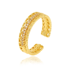Chic gold-plated open ring with hollow heart patterns and sparkling crystal accents