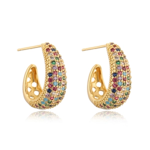 Luxurious gold-plated C-shaped earrings with colorful zircon stones on white background