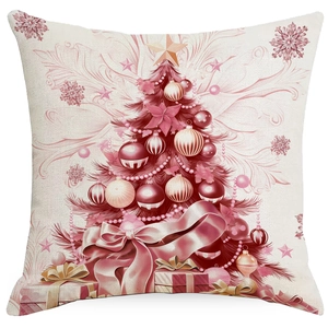 Pink Christmas pillowcase featuring a decorated tree and gift boxes on white background