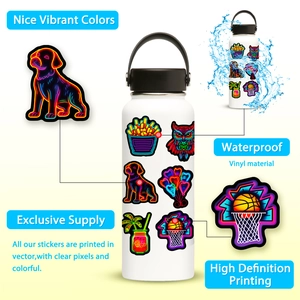Detail of waterproof vinyl neon stickers with high definition printing on a water bottle