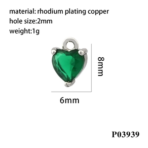 Detail showing 8x6mm heart-shaped green zircon pendant with rhodium plating copper