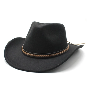 Retro Western Cowboy Hat Wool Felt Fedora With Braided Leather Band Wide Brim Jazz Hat For Men Women