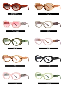 Matrix display of oval sunglasses in ten trendy colors with metal rivet details