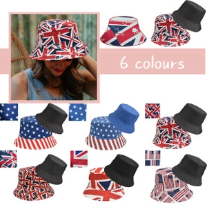 Detail showing six colors of bucket hats with US and UK flag patterns for fashion