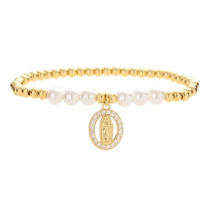 Elastic beaded bracelet with gold beads, pearls and Virgin Mary Guadalupe medal pendant