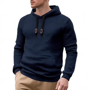 Men's navy blue waffle knit drawstring hoodie with brown leather accents on strings
