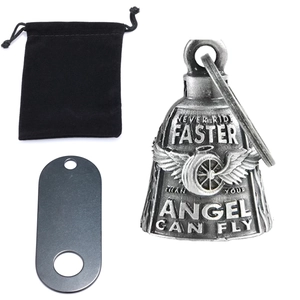 Vintage motorcycle guardian bell set with angel wing relief and black velvet pouch