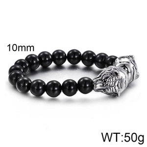 Bracelet pour homme avec têtes de tigre et perles de verre noires de 10mm en acier titane