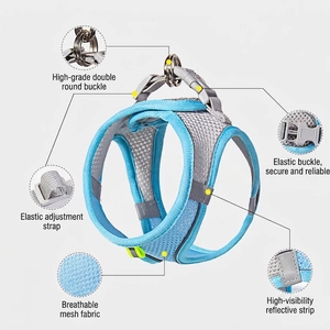 Breathable sky blue dog harness with reflective strips and adjustable nylon mesh straps