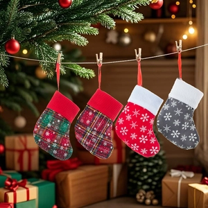 Set of four plaid and snowflake Christmas stocking hangers for festive tree decoration