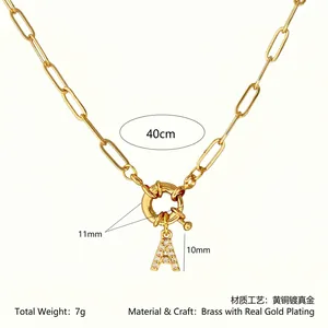 Minimalist gold plated paperclip chain necklace with a crystal zircon letter A pendant