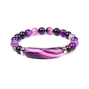 Detailed view of natural agate stone bracelet with purple beads and stainless steel accents