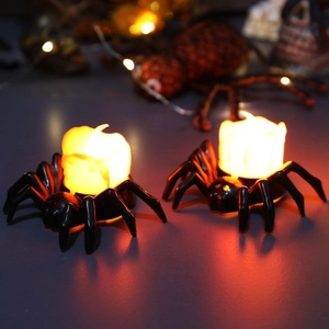 Halloween decorative LED spider candle lights with warm yellow flickering glow for party decor