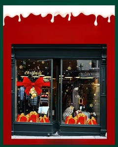 Detailed Christmas window decals featuring red bows, golden trees, and festive gift boxes