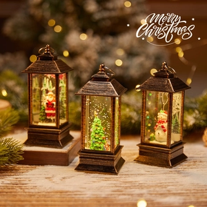 Retro Christmas lanterns featuring Santa, Snowman, and Tree with water-swirling glitter