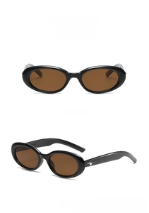 Detail view of oval black sunglasses with brown lenses and silver star metal accents