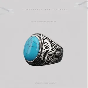 Vintage Men Stainless Steel Ring With Oval Gemstone Retro Engraved Floral Pattern Punk Ethnic Style Fashion Jewelry
